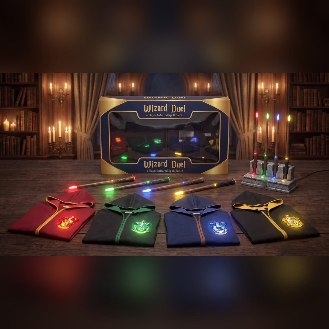 Wizard Duel set: box, 4 carved wands, 4 house cloaks with glowing crests and the charging base