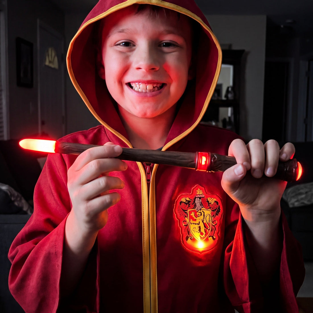 Kid in a Gryffindor cloak with the glowing crest receiver