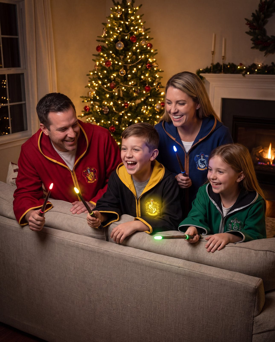 Family laser tag night: four players in house cloaks with wands, a Hufflepuff shield lit up