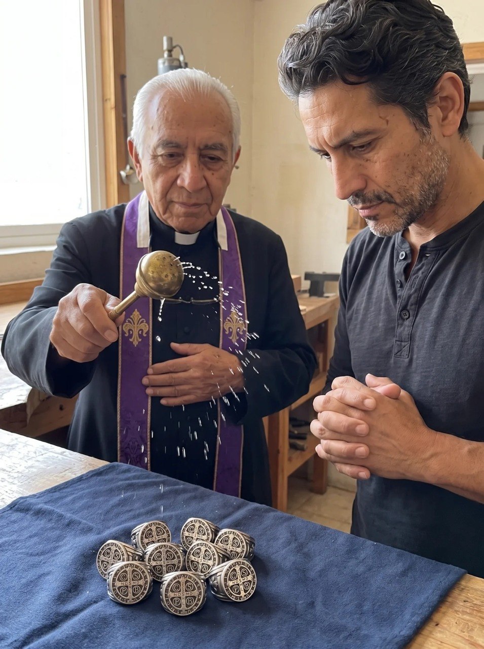 El sacerdote rocía agua bendita sobre los anillos de San Benito